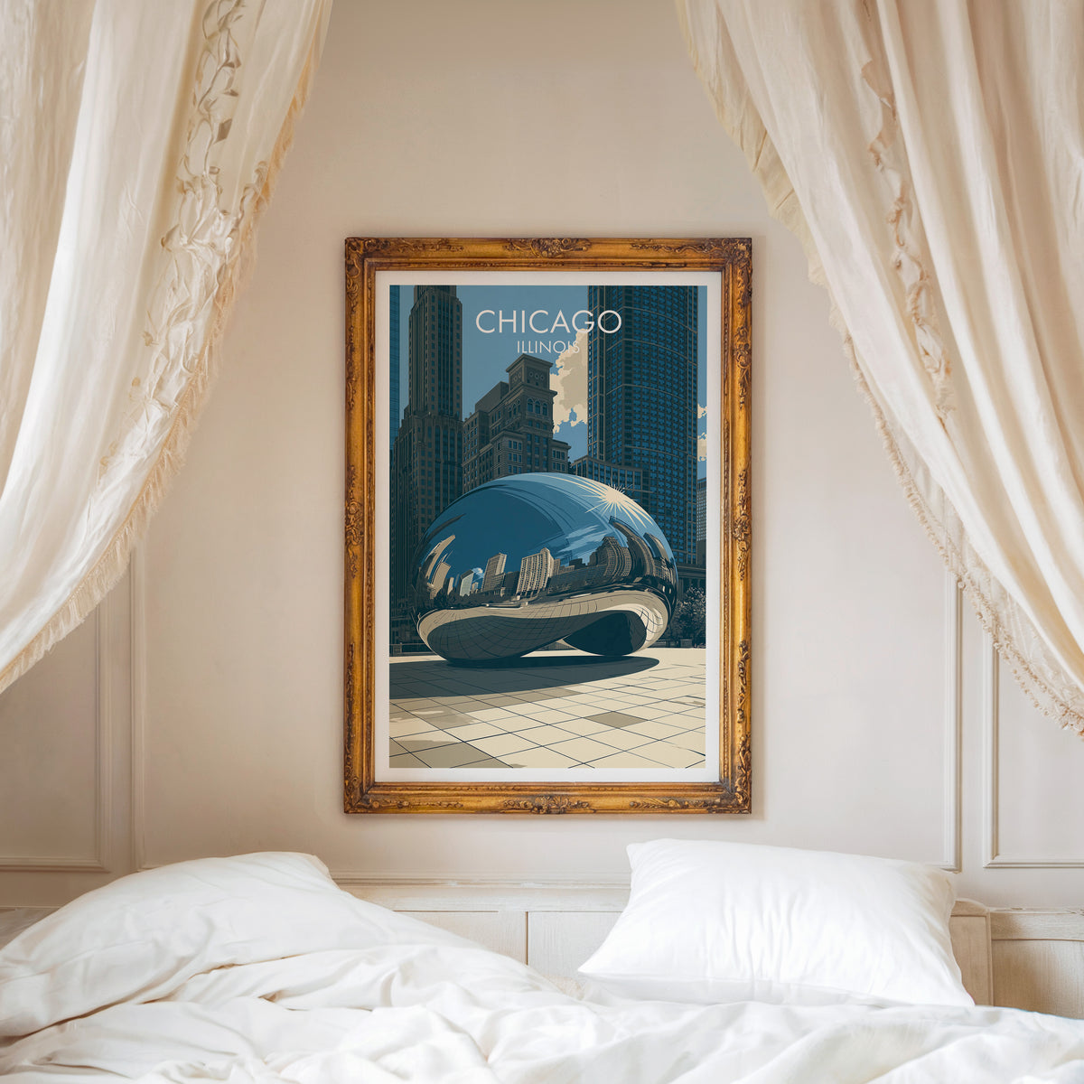 Cloud Gate canvas print in a carved gold frame over a white bed with a linen canopy and moulded wall.