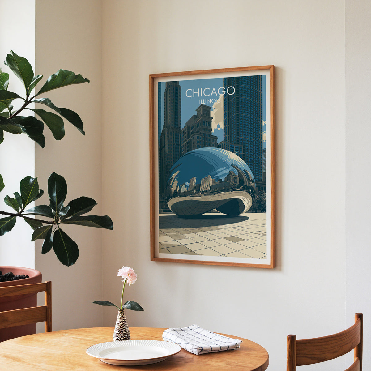 Cloud Gate print in a walnut frame in a dining corner with a round table, checked runner and a fiddle-leaf fig.