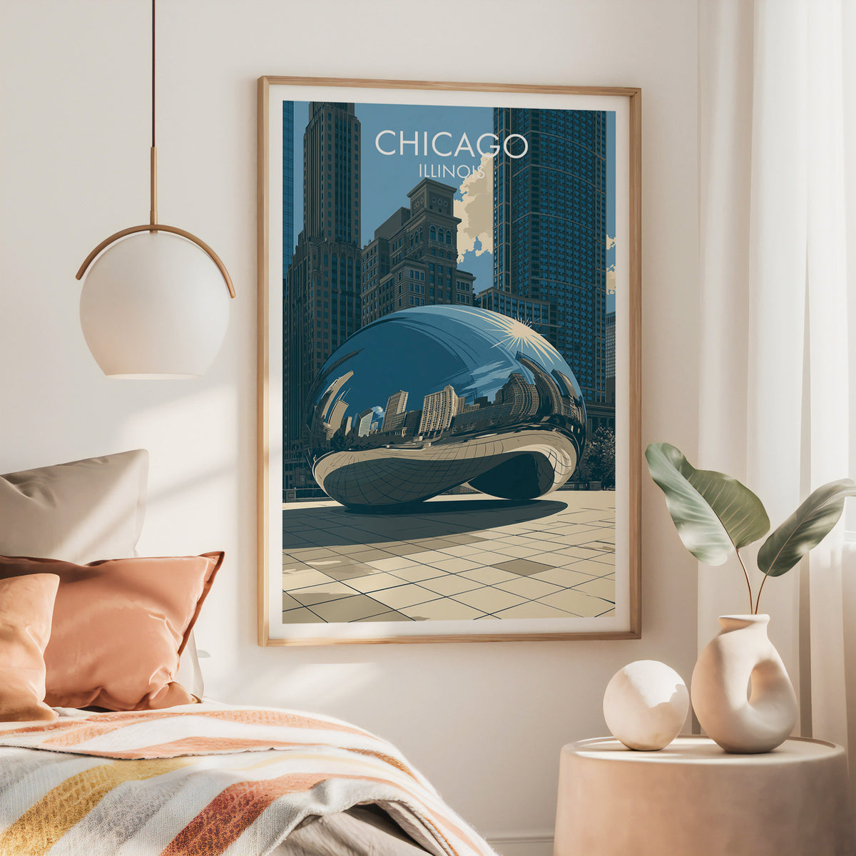 Cloud Gate canvas art in a large oak frame above a bed with a rust throw and a brass pendant lamp.