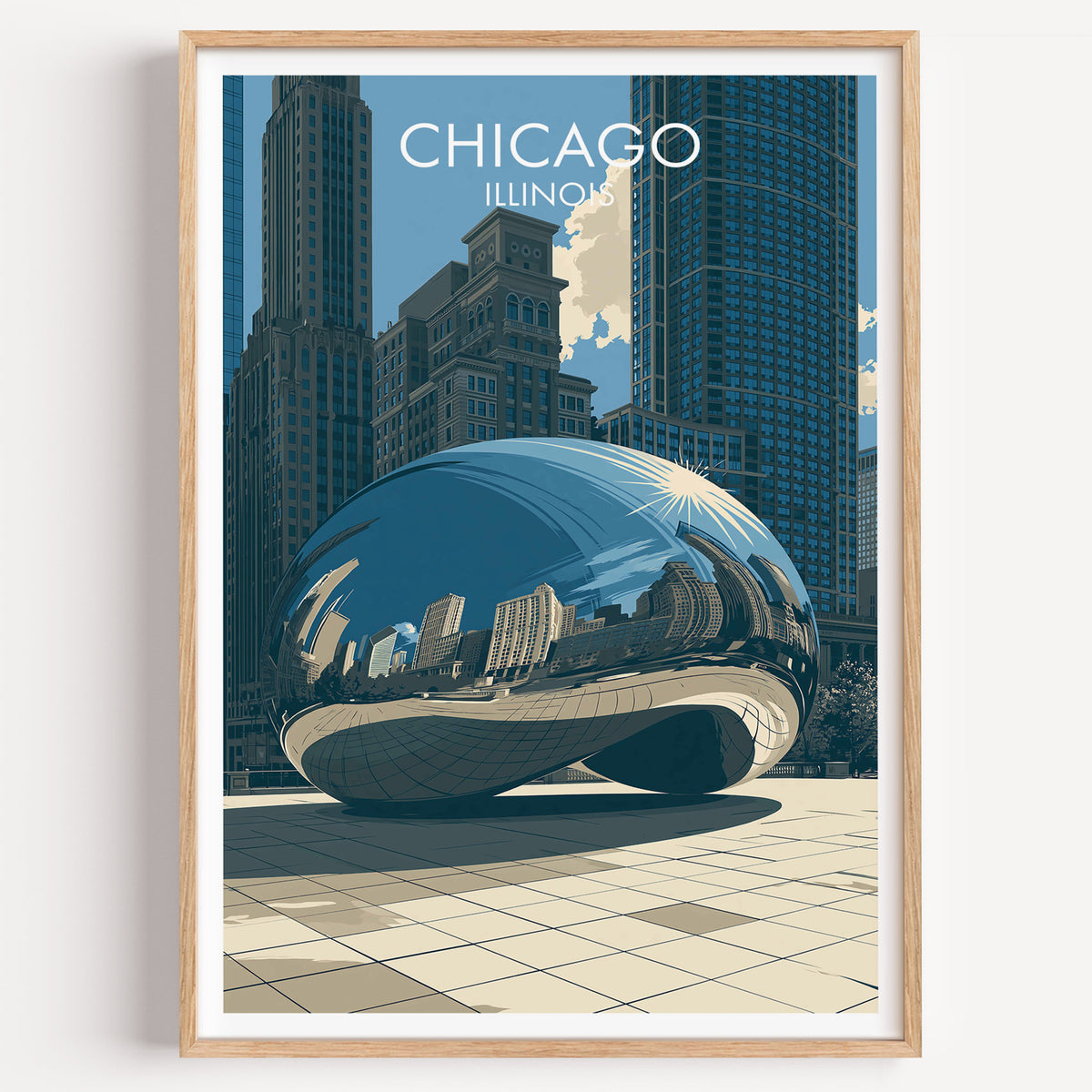 Cloud Gate travel poster in an oak frame on a plain white wall, lit evenly with a soft shadow beneath.