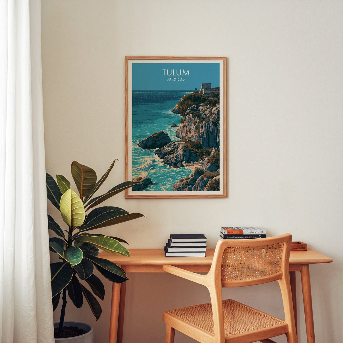 Scrub and hatched limestone cliff, oak frame above a wooden home-office desk with a cane chair.