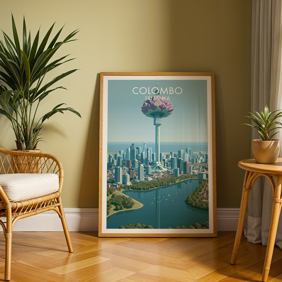 Sri Lanka travel poster in an oak frame on a herringbone floor by a rattan chair and yucca, olive wall