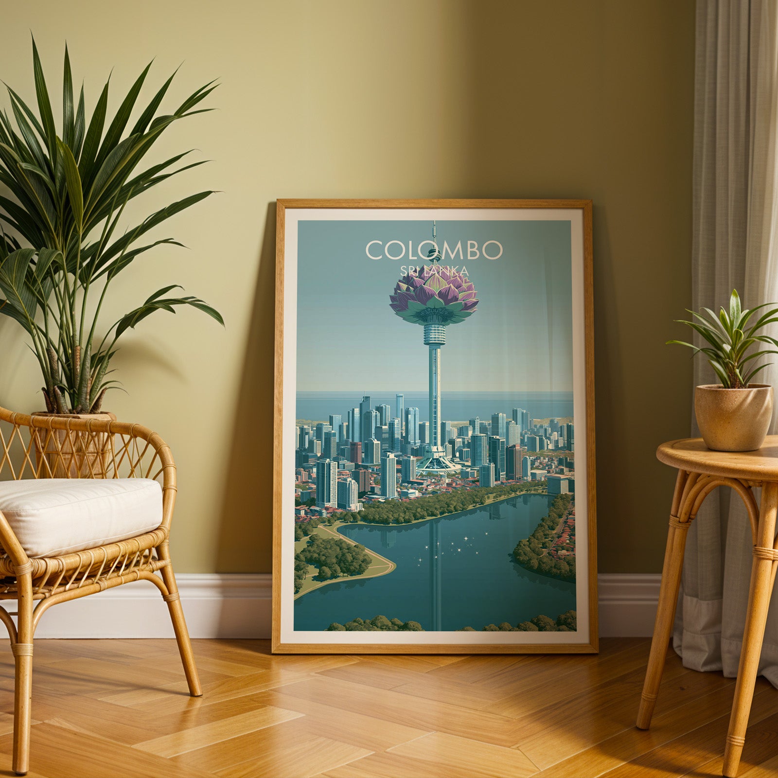 Large Colombo Sri Lanka travel print in an oak frame leaning on a herringbone floor next to a rattan chair