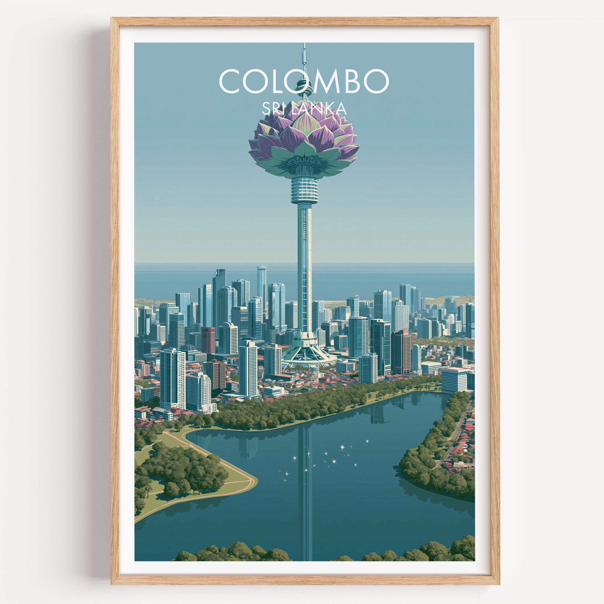 Colombo Sri Lanka travel poster in a natural wood frame, shown against a clean white wall