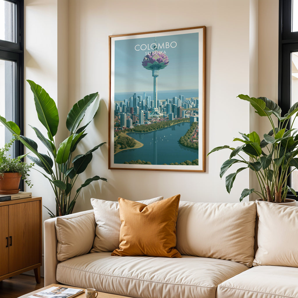 Framed Colombo Sri Lanka wall art hanging above a cream sofa in a bright living room with tropical plants