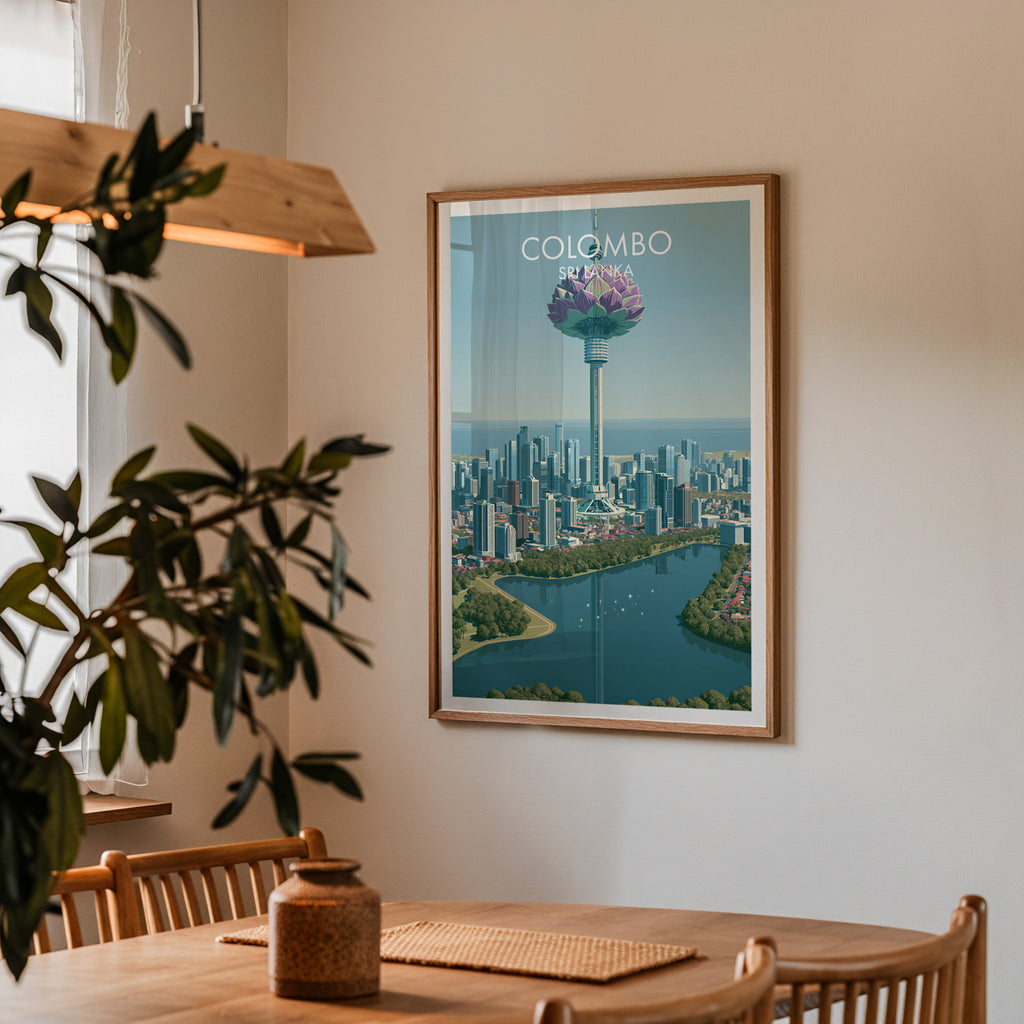 Framed Colombo Sri Lanka print on a dining room wall above an oak table in warm afternoon light