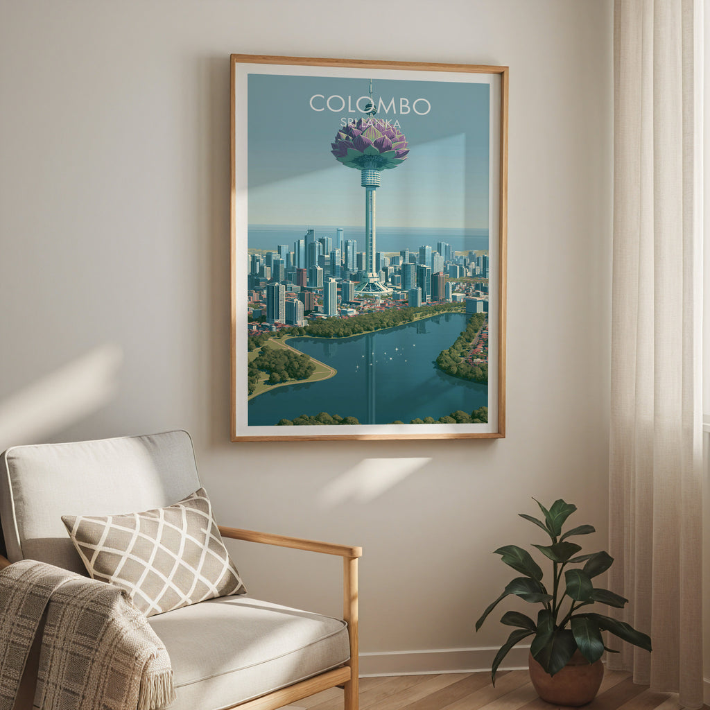 Colombo Sri Lanka travel print in a light oak frame on a living room wall beside a linen armchair