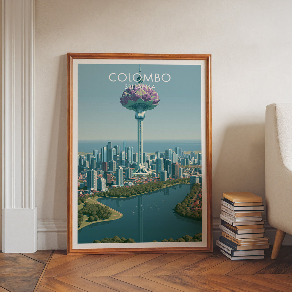 Colombo Sri Lanka art print in a walnut frame leaning in a hallway beside stacked books