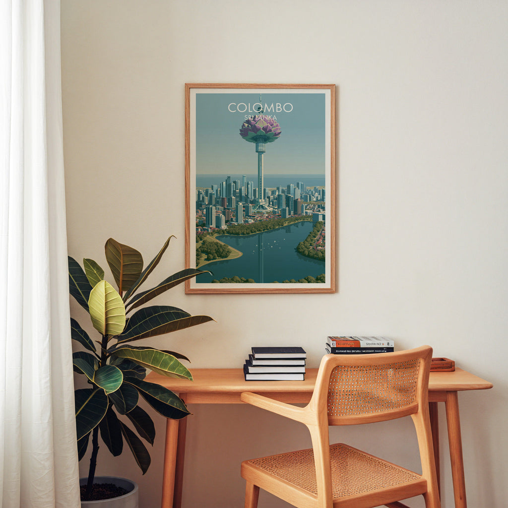Colombo Sri Lanka wall art above a wooden home office desk with a rattan chair and books