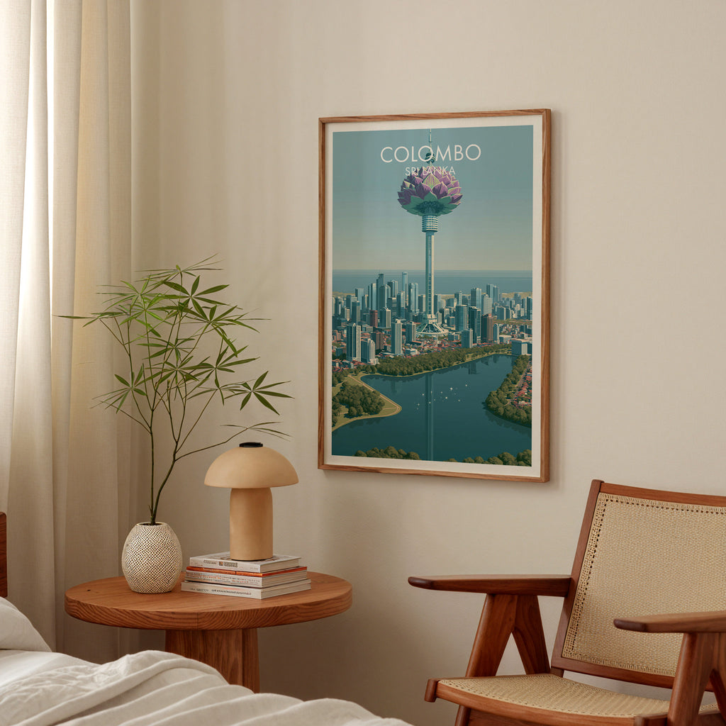 Colombo Sri Lanka poster above a bedroom nightstand with a bamboo plant and mushroom lamp