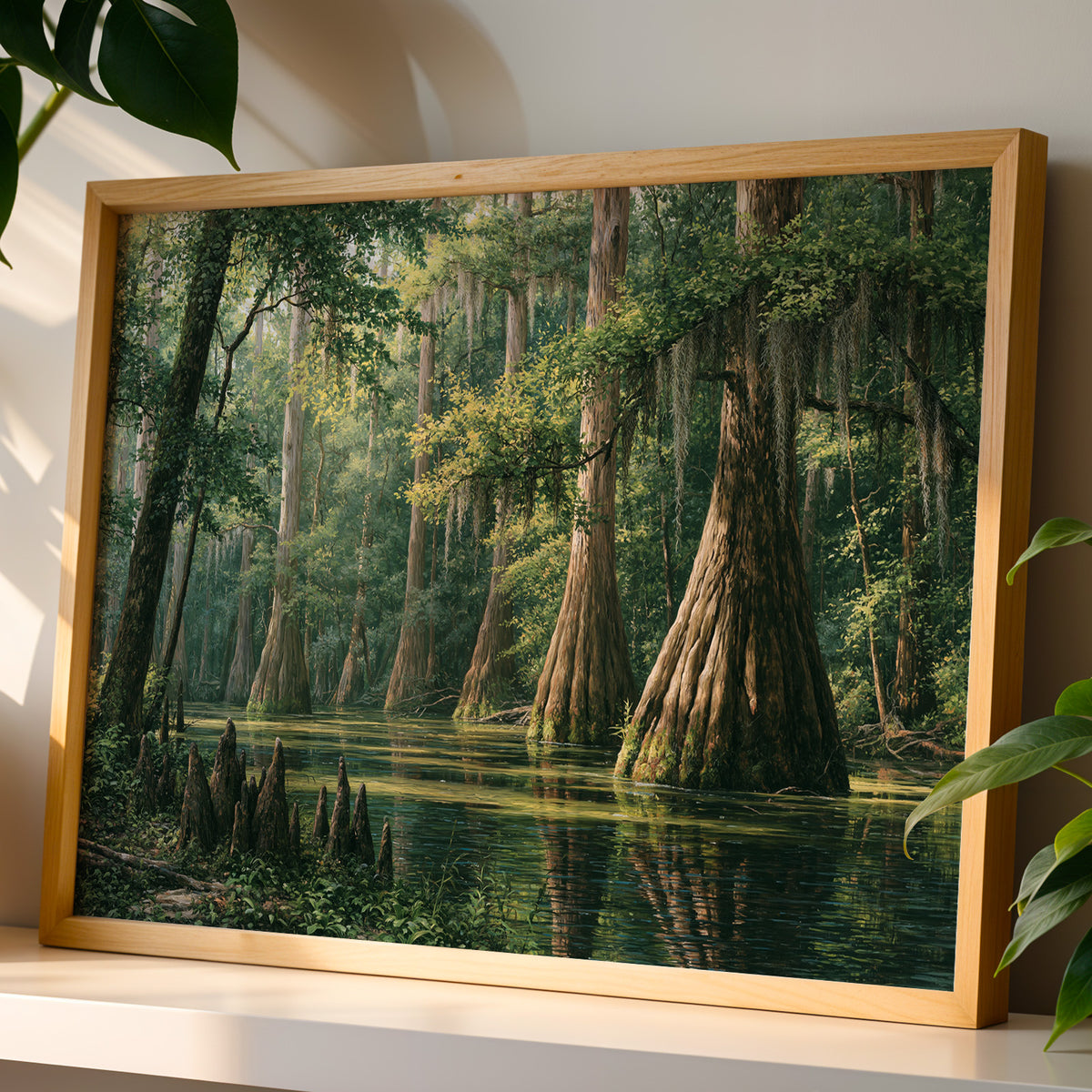 Close-up of the Congaree classical oil painting print in a wood frame in warm sunlight