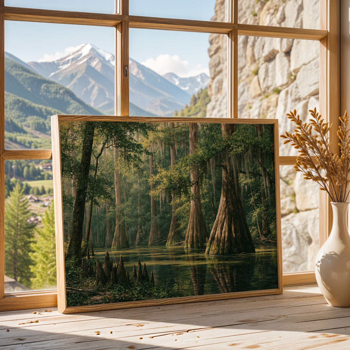 Congaree National Park framed print leaning on a sunlit windowsill with a mountain view