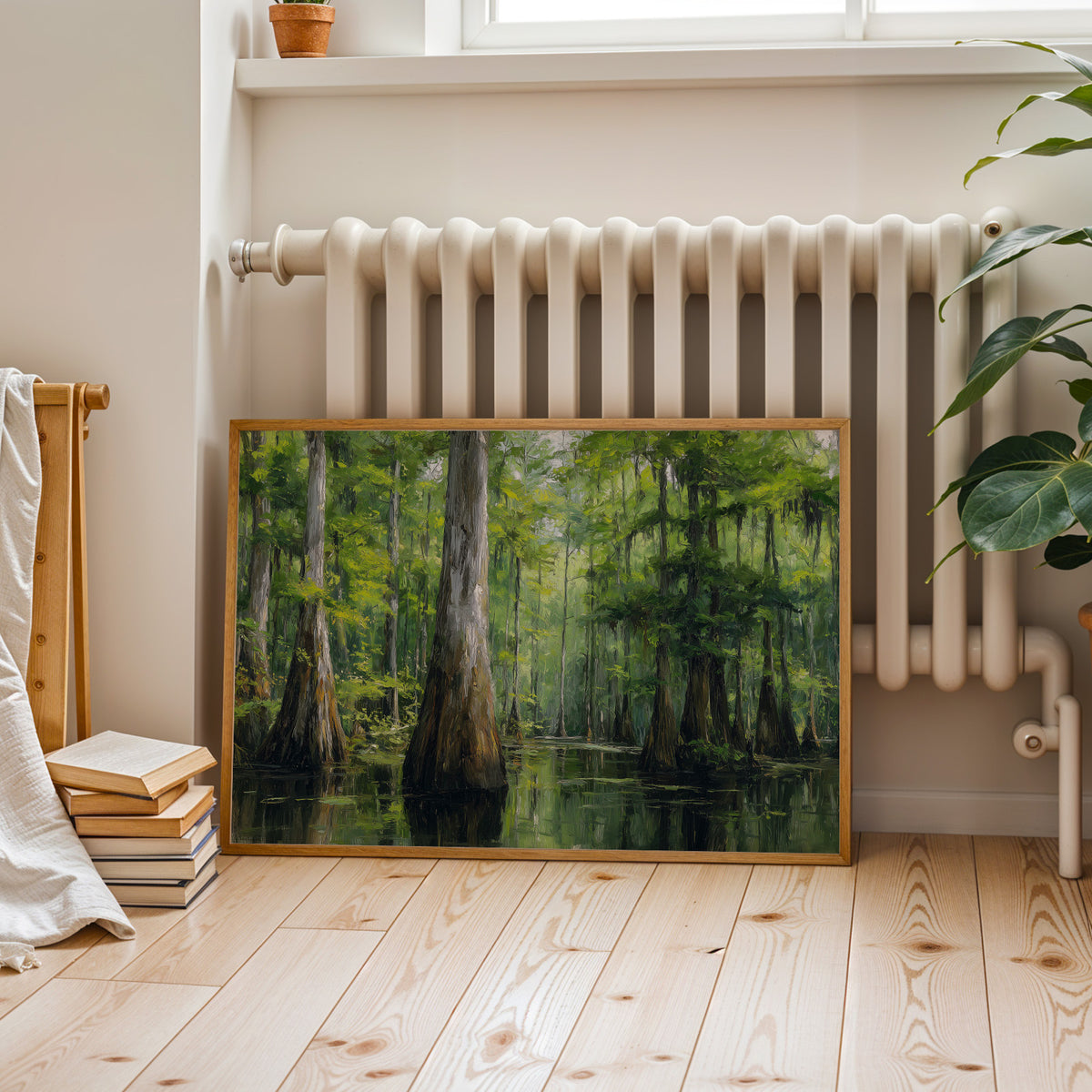 Congaree oil painting canvas in a walnut frame above a cognac leather sofa in lamplight