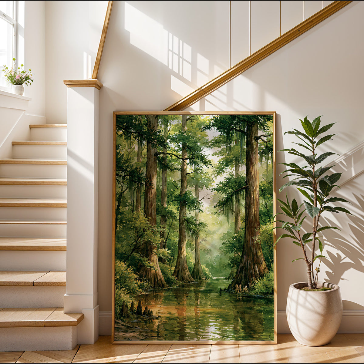 Gold-framed Congaree National Park watercolor art print leaning in a sunlit entryway beside a staircase