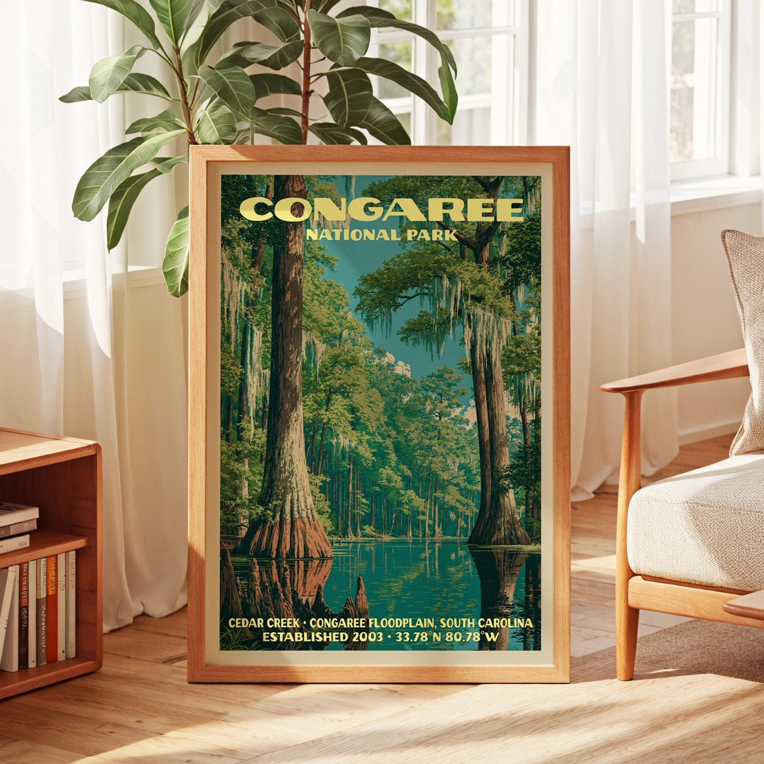 Congaree vintage poster in oak, leaning by a sunlit window with sheer curtains and a low bookshelf