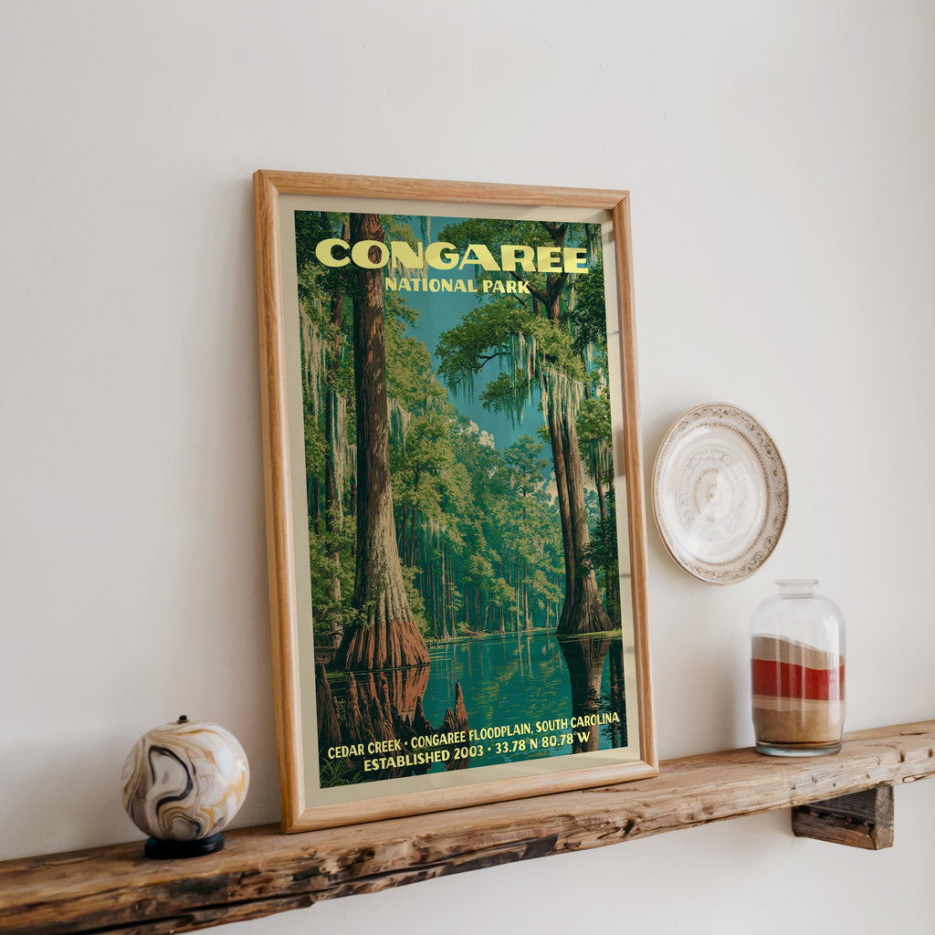 Congaree Cedar Creek print in oak, leaning on a reclaimed wood ledge with a stone sphere and a sand jar