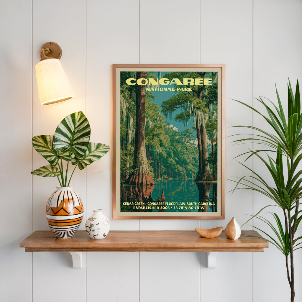 Cedar Creek Congaree print framed on white panelling above an oak shelf with a patterned vase and a sconce