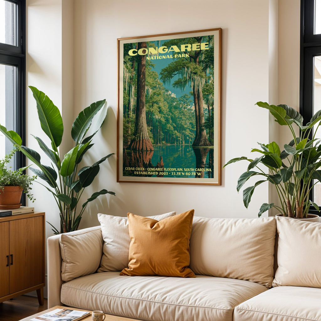 Congaree vintage travel print in oak above a cream sofa with a rust cushion and tall houseplants