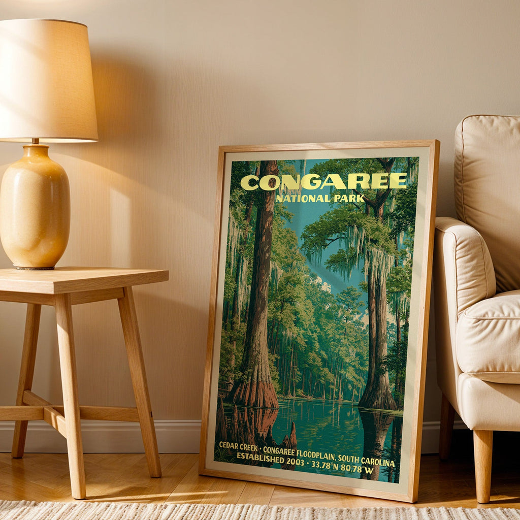 Congaree Cedar Creek wall art in oak, leaning by an armchair and a side table with an ochre lamp