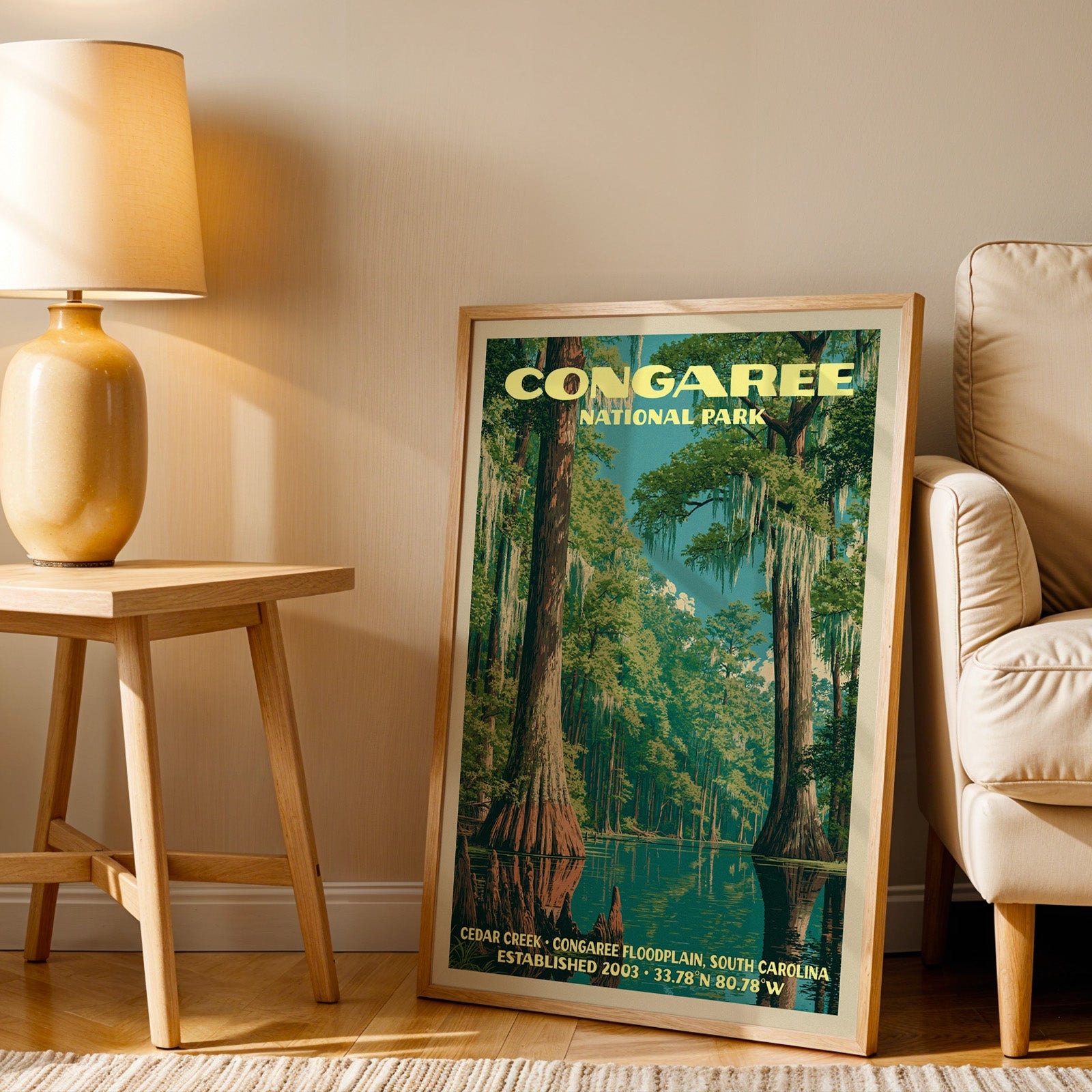 Congaree Cedar Creek wall art in oak, leaning by an armchair and a side table with an ochre lamp