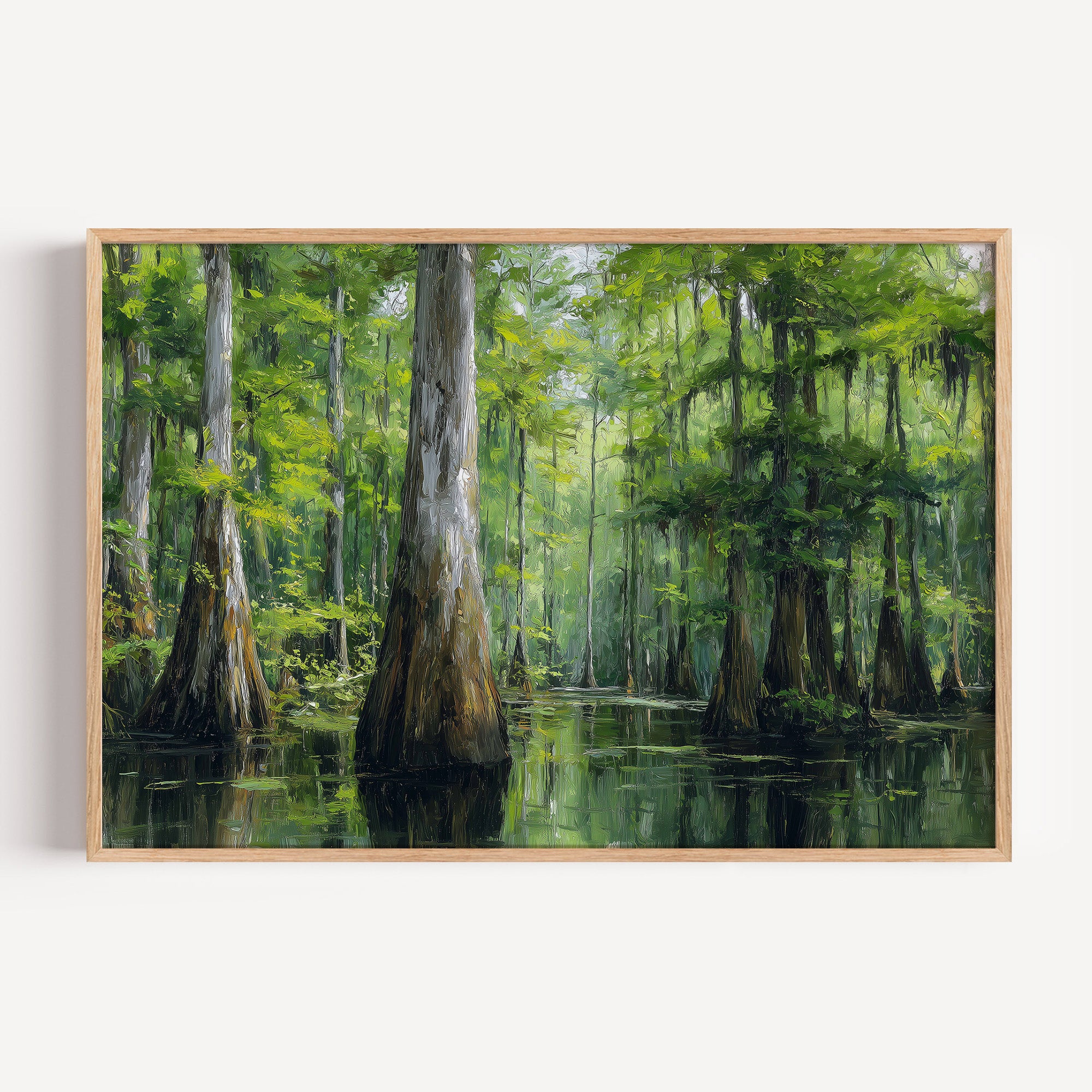Congaree National Park oil painting print in a light oak frame: cypress trunks in still floodwater
