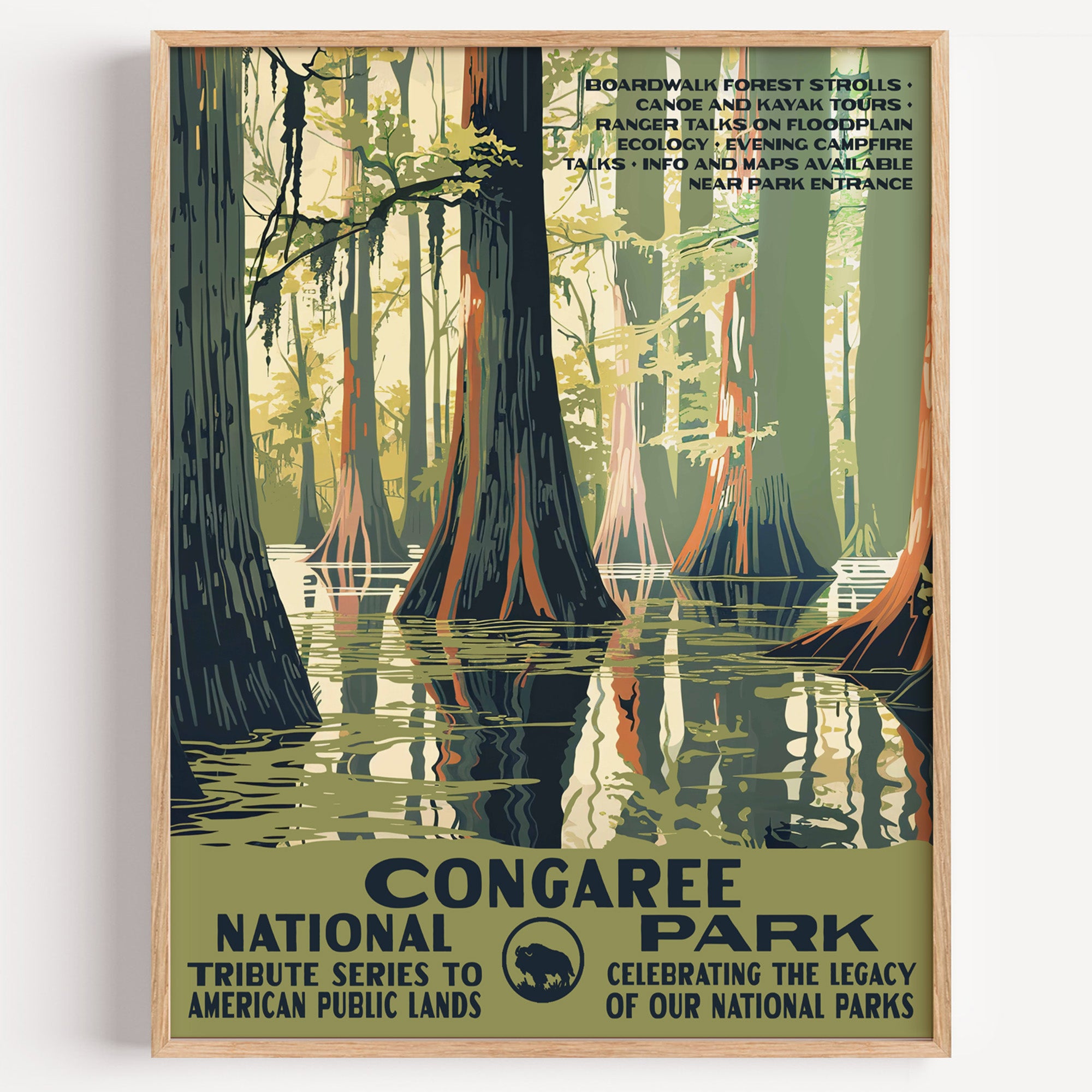 Congaree National Park wall art print in a thin wood frame, bald cypress trunks and knees standing in still floodplain water