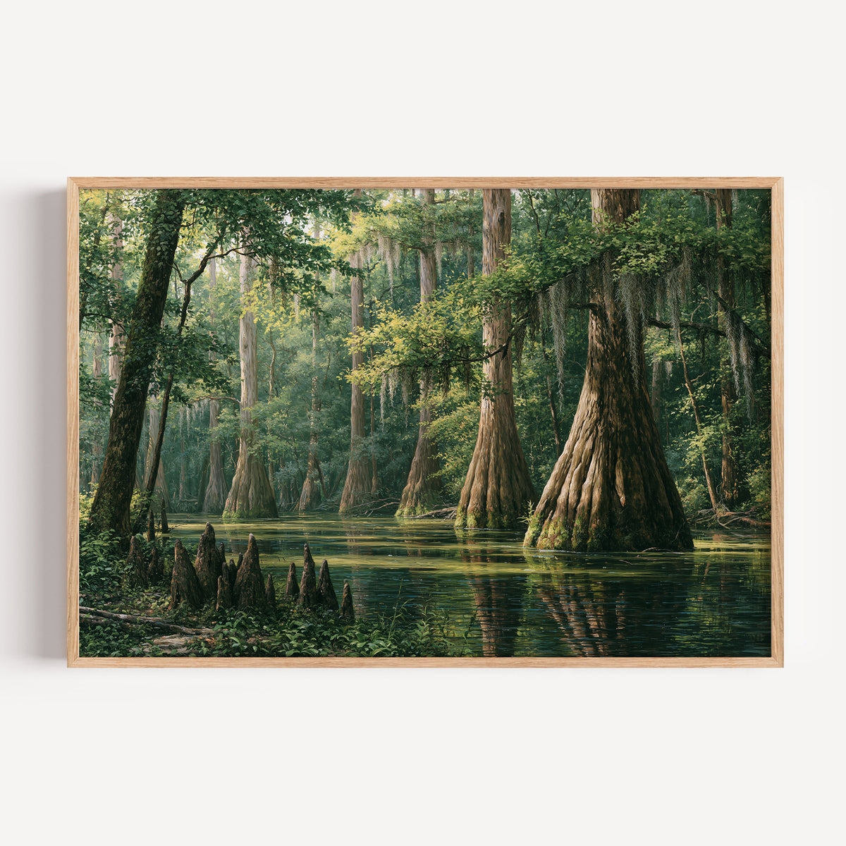 Congaree National Park classical oil painting print in an oak frame: cypress trees over still water
