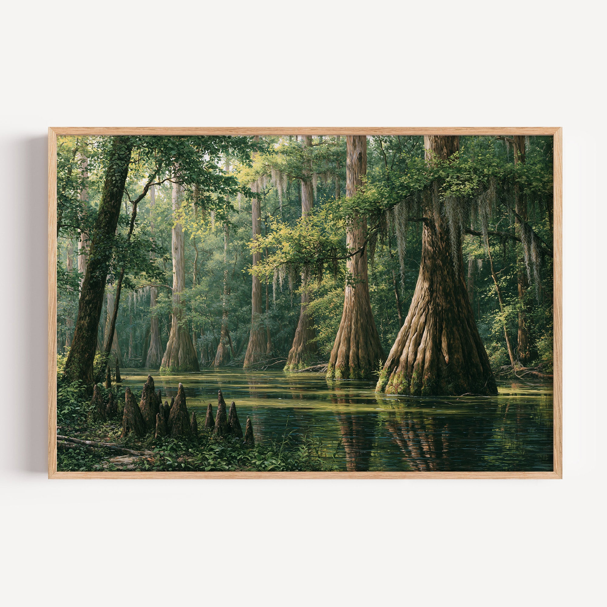 Congaree National Park classical oil painting print in an oak frame: cypress trees over still water