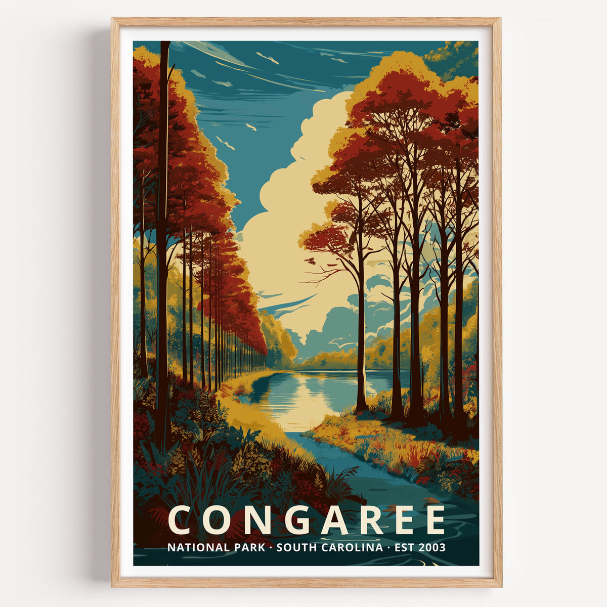 Congaree National Park retro travel poster — towering old-growth hardwoods in autumn color above still floodplain water, South Carolina