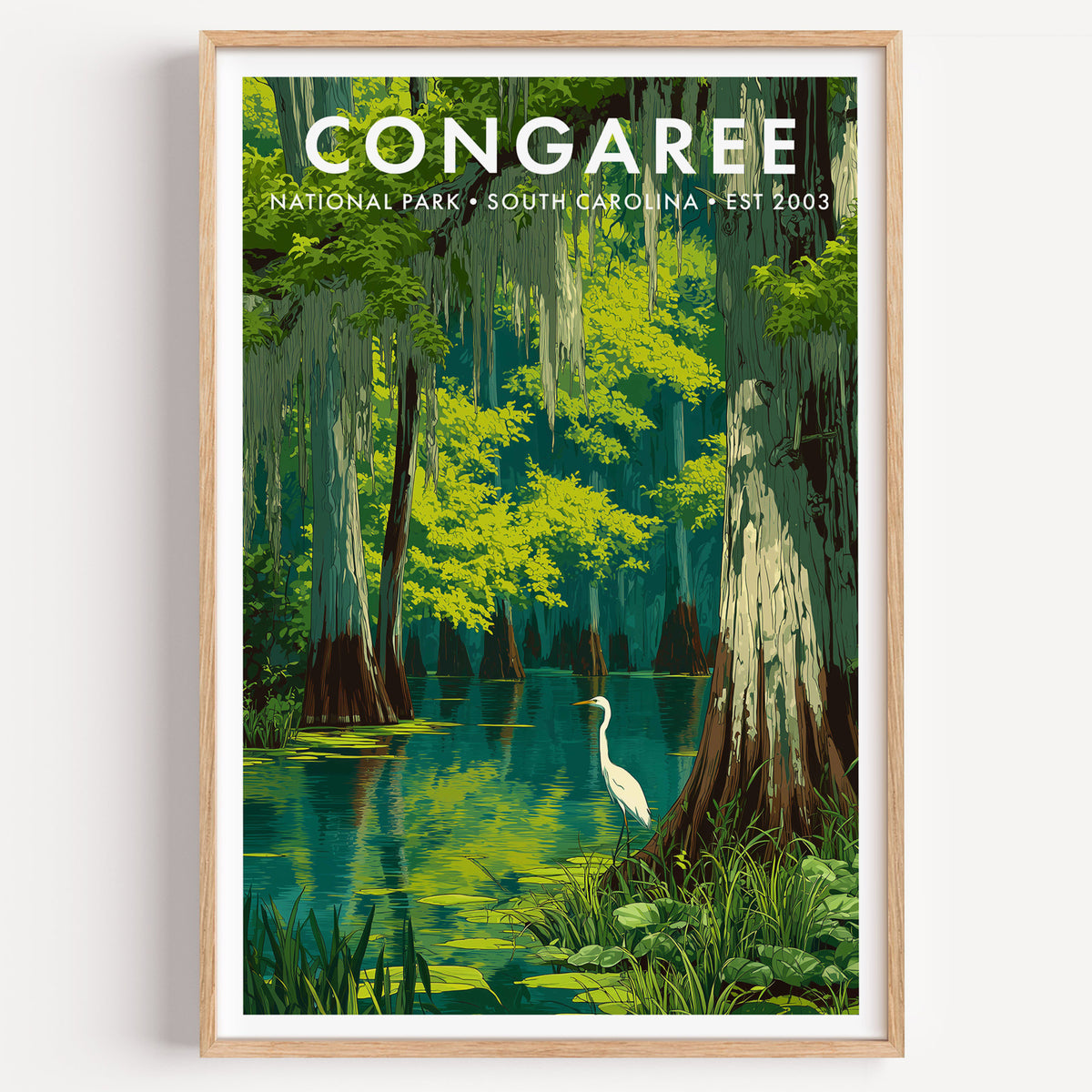 Congaree National Park mid-century modern art print — a flooded old-growth swamp of buttressed cypress trunks