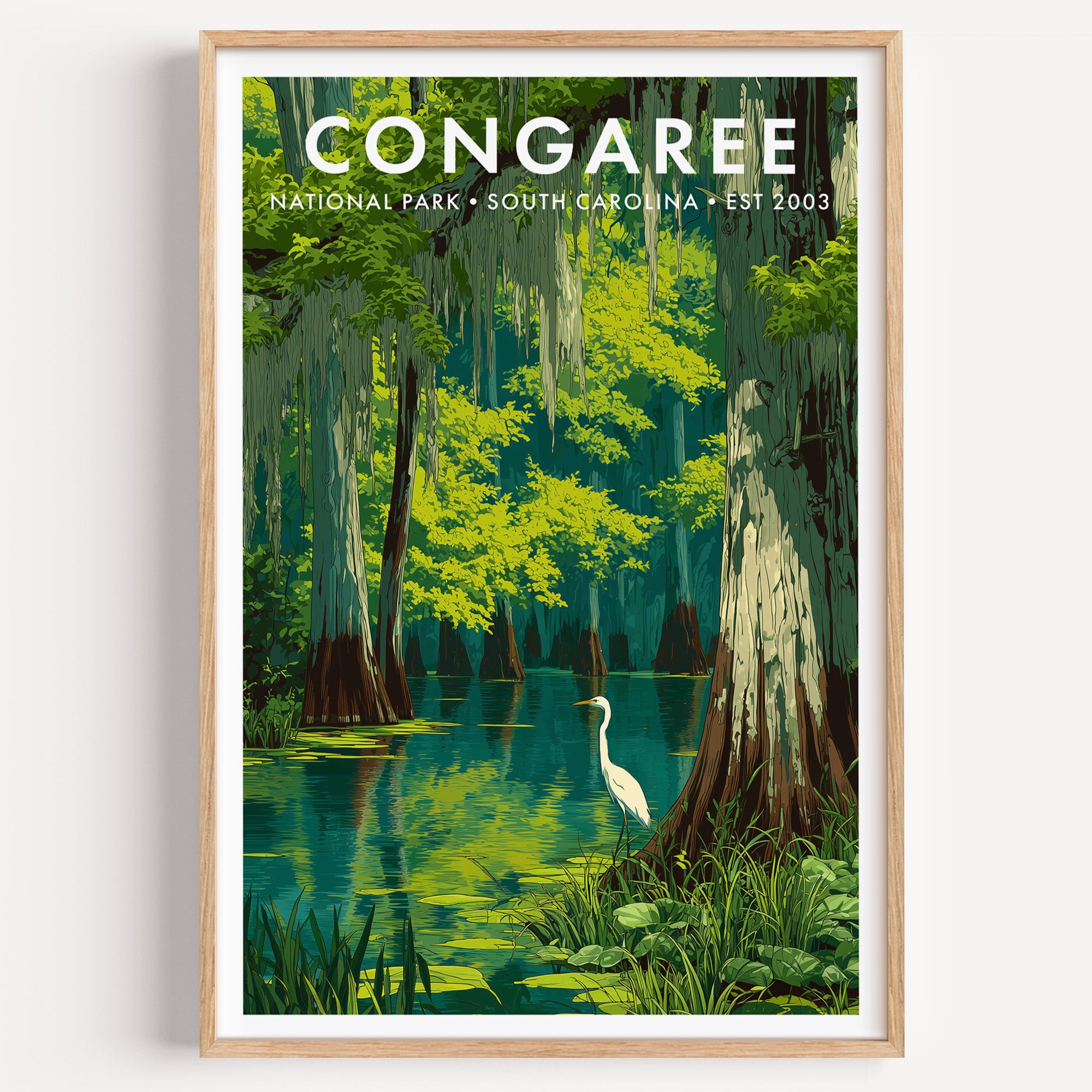 Congaree National Park mid-century modern art print — a flooded old-growth swamp of buttressed cypress trunks