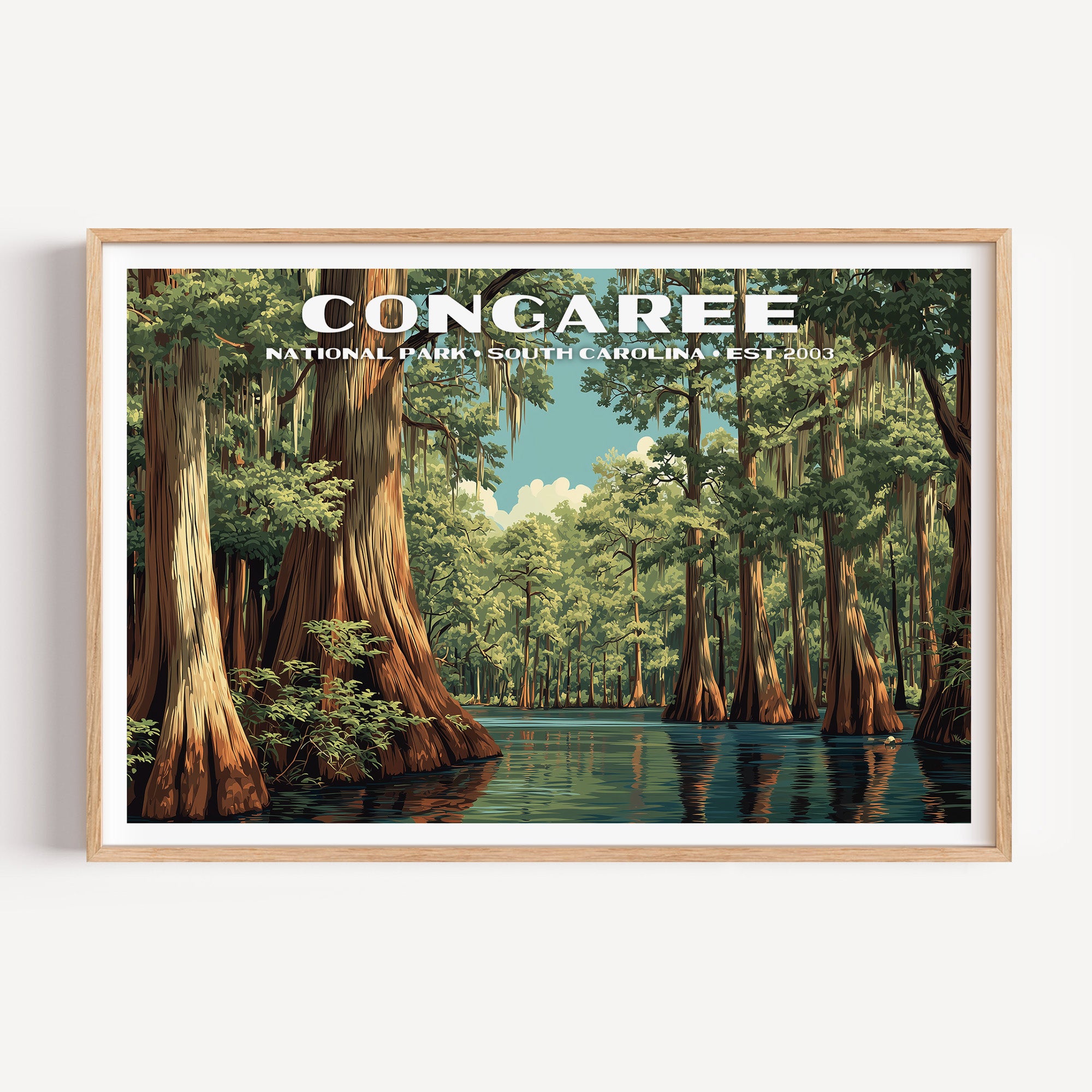 Buttressed bald cypress trunks and Spanish moss standing in dark floodwater — Congaree National Park vintage WPA travel poster print
