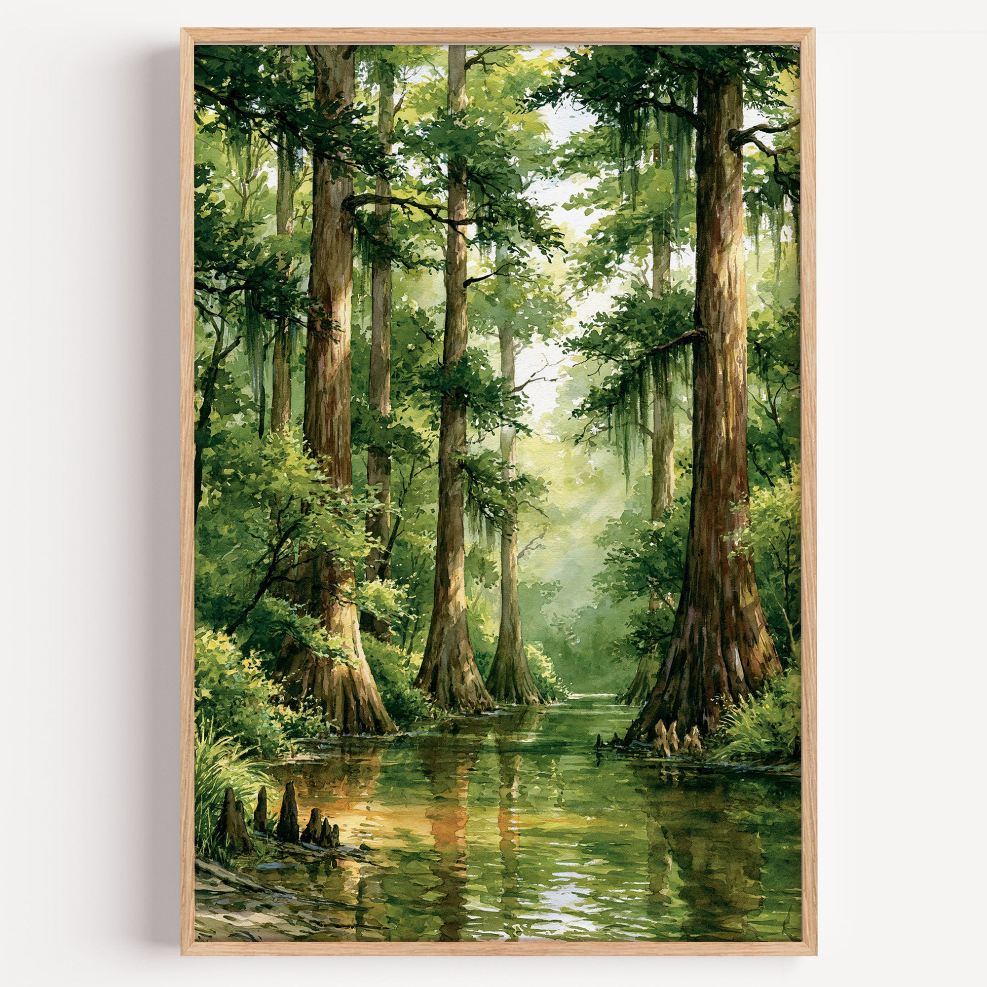 Congaree National Park watercolor art print: old-growth bald cypress reflected in still green blackwater