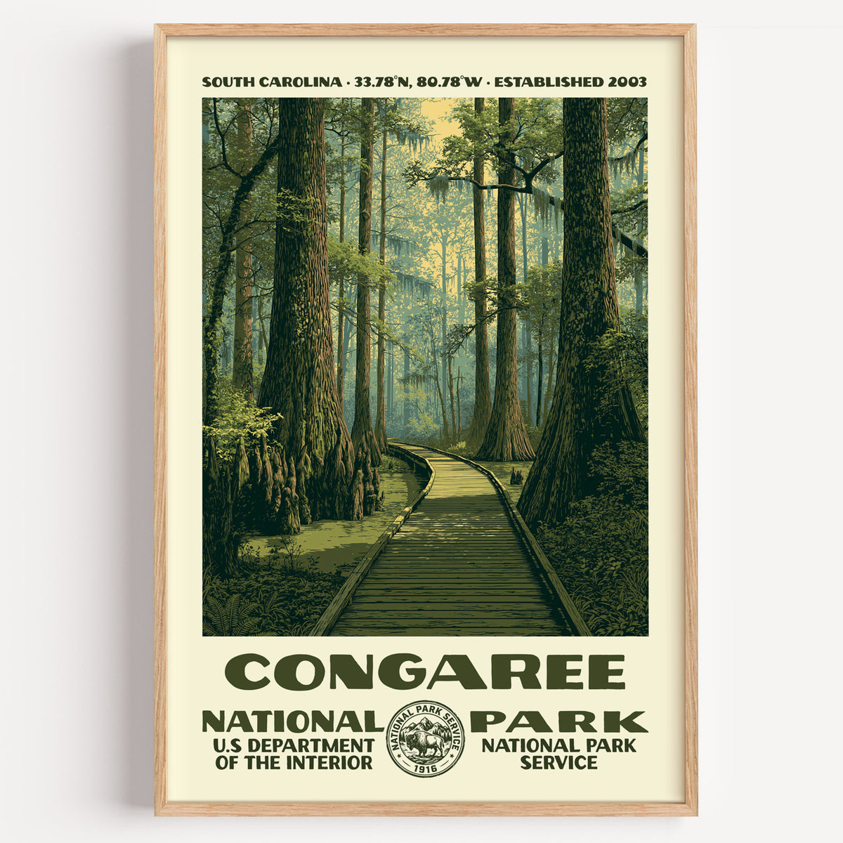 Congaree National Park vintage WPA poster in a wood frame, a boardwalk winding through a misty old-growth bottomland forest
