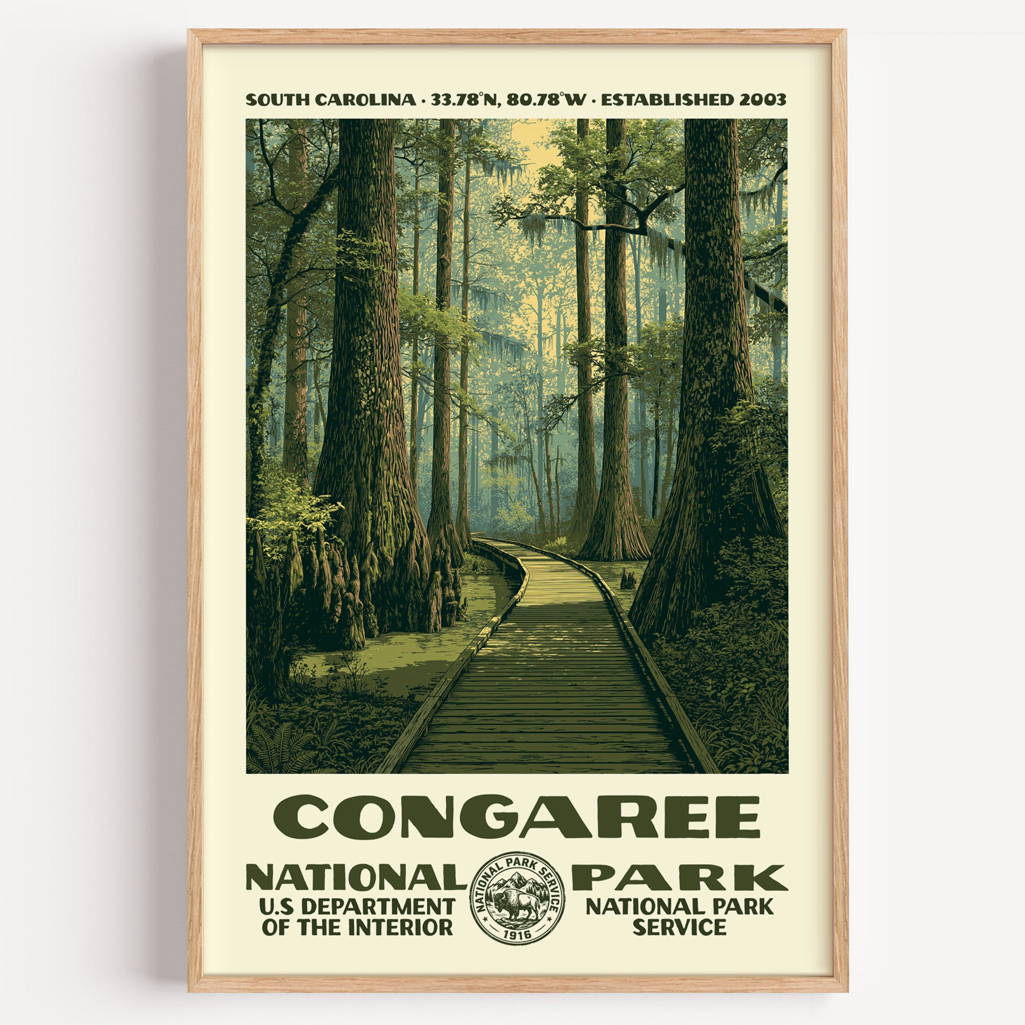 Congaree National Park vintage WPA poster in a wood frame, a boardwalk winding through a misty old-growth bottomland forest