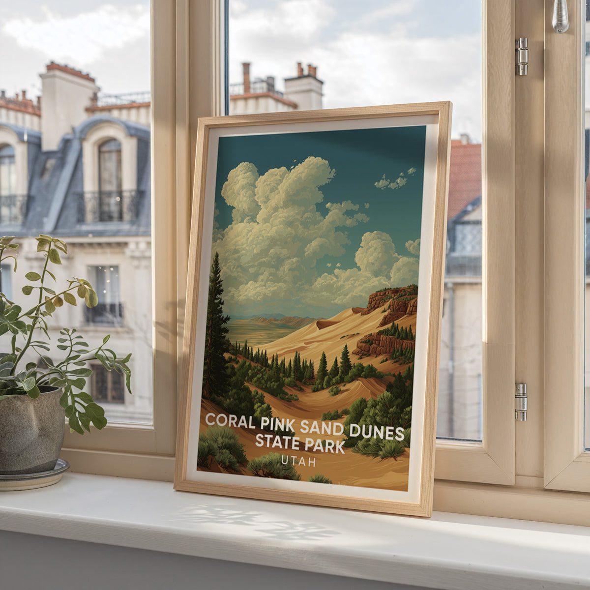 Sand dunes print in oak on a windowsill with Paris mansard rooftops visible through the glass.
