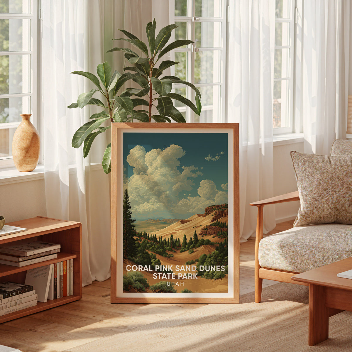 Coral Pink Sand Dunes print in oak by a sheer-curtained window with a low bookshelf and tea table.