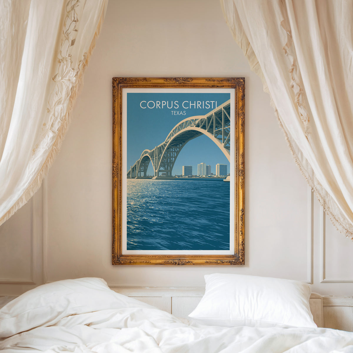 Steel arch bridge poster in a carved gold frame above a white bed with linen canopy curtains