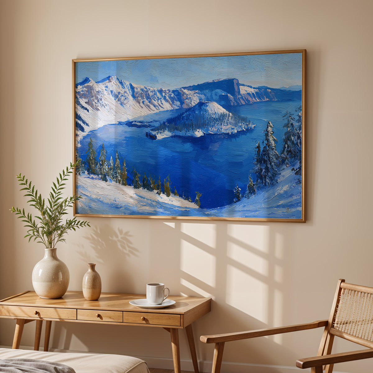 Crater Lake National Park canvas print in a dark walnut frame above a cream sofa
