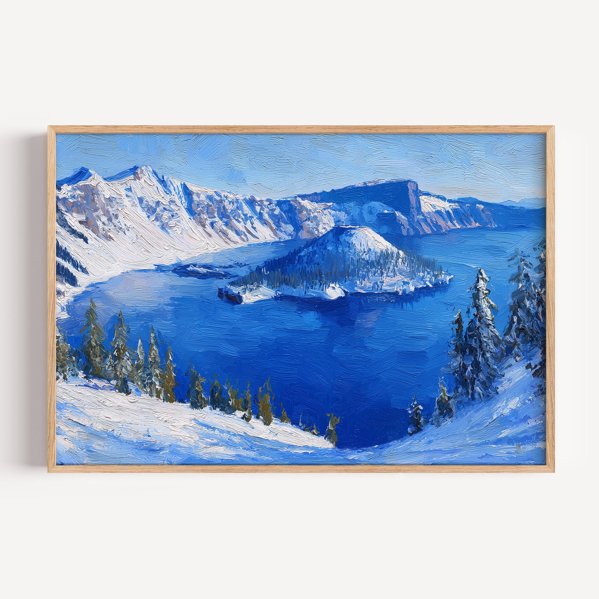 Crater Lake National Park oil painting print in a light oak frame: the blue caldera lake in snow