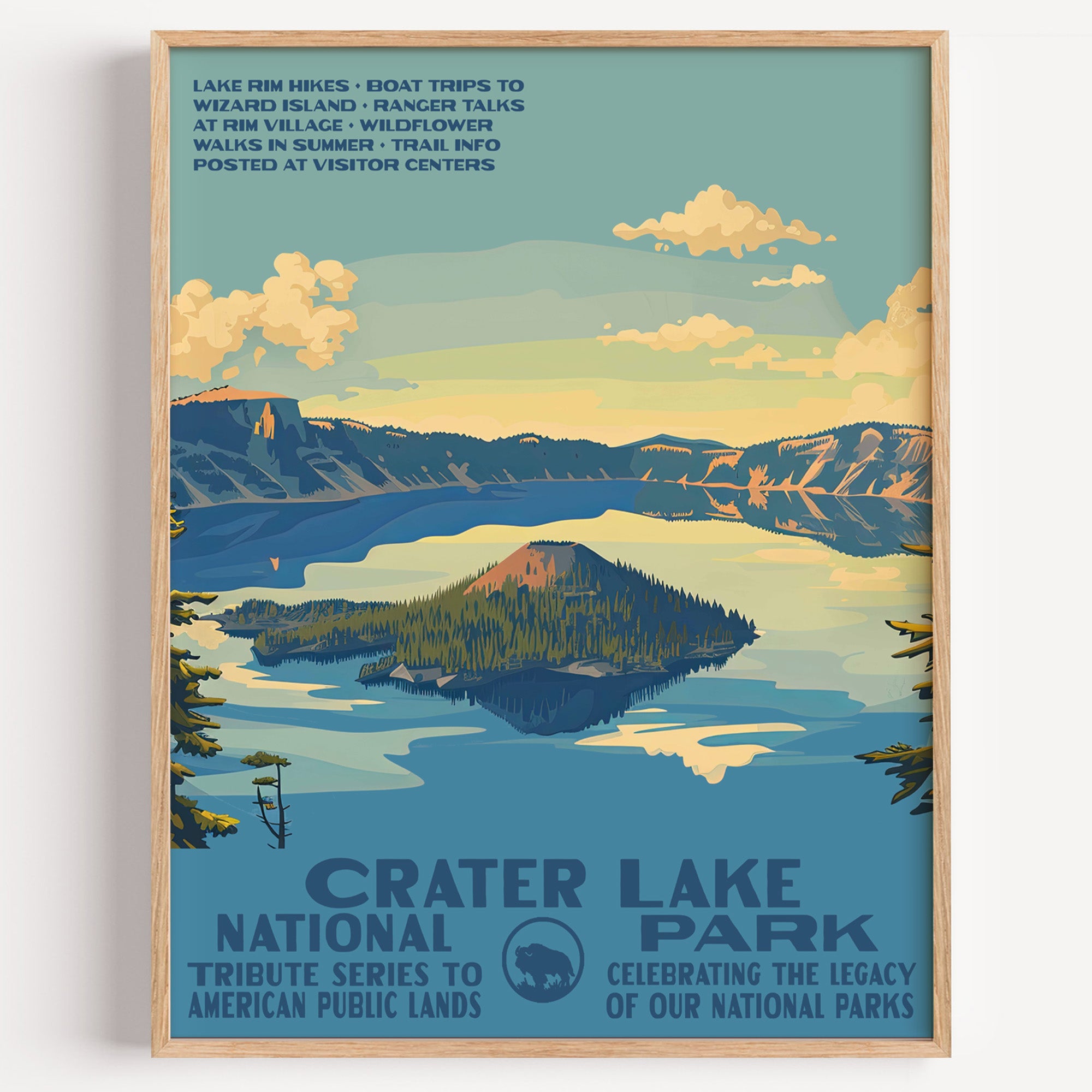 Crater Lake National Park wall art print in a thin wood frame, Wizard Island in the deep blue caldera below the rim