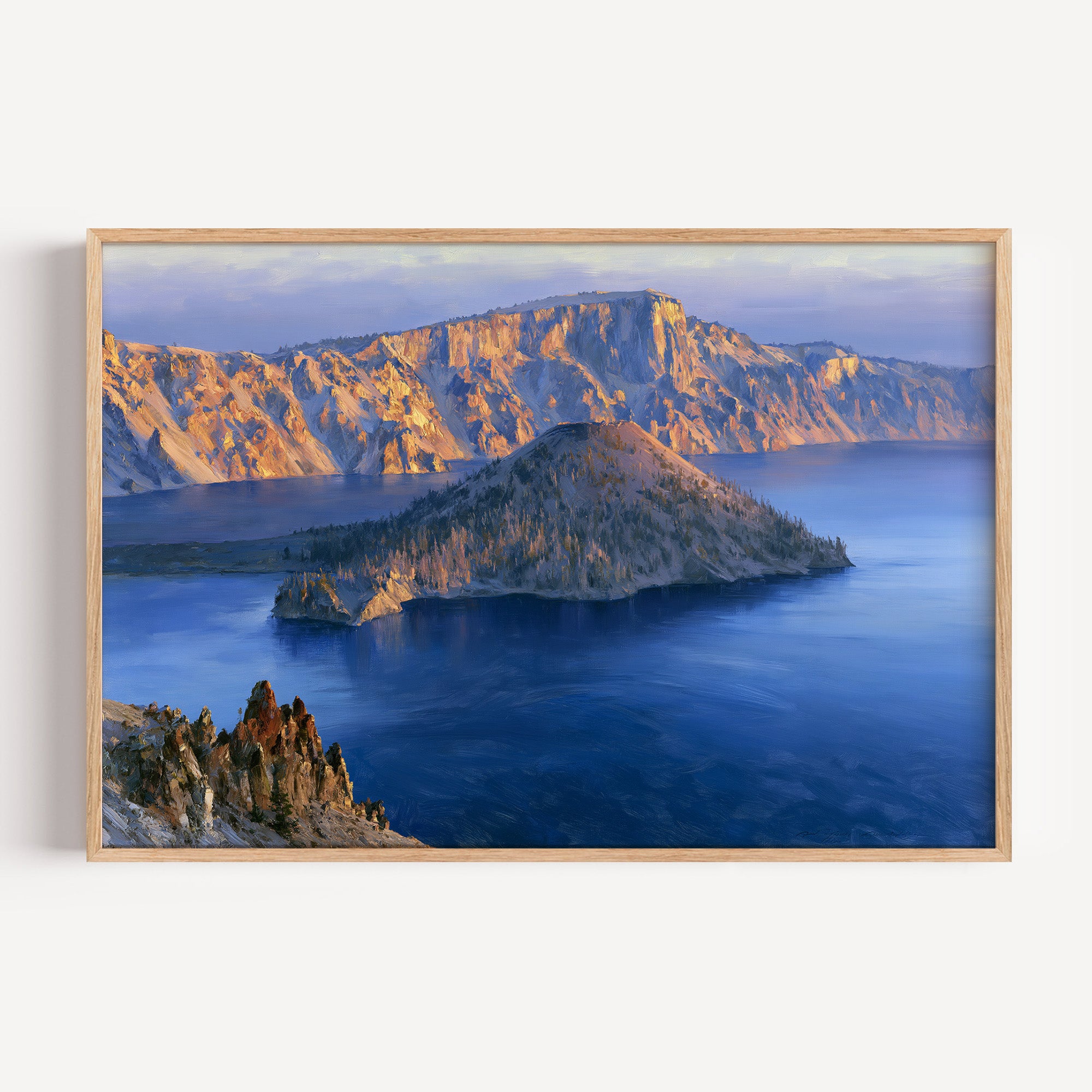 Crater Lake National Park classical oil painting print in an oak frame: the blue caldera and Wizard Island