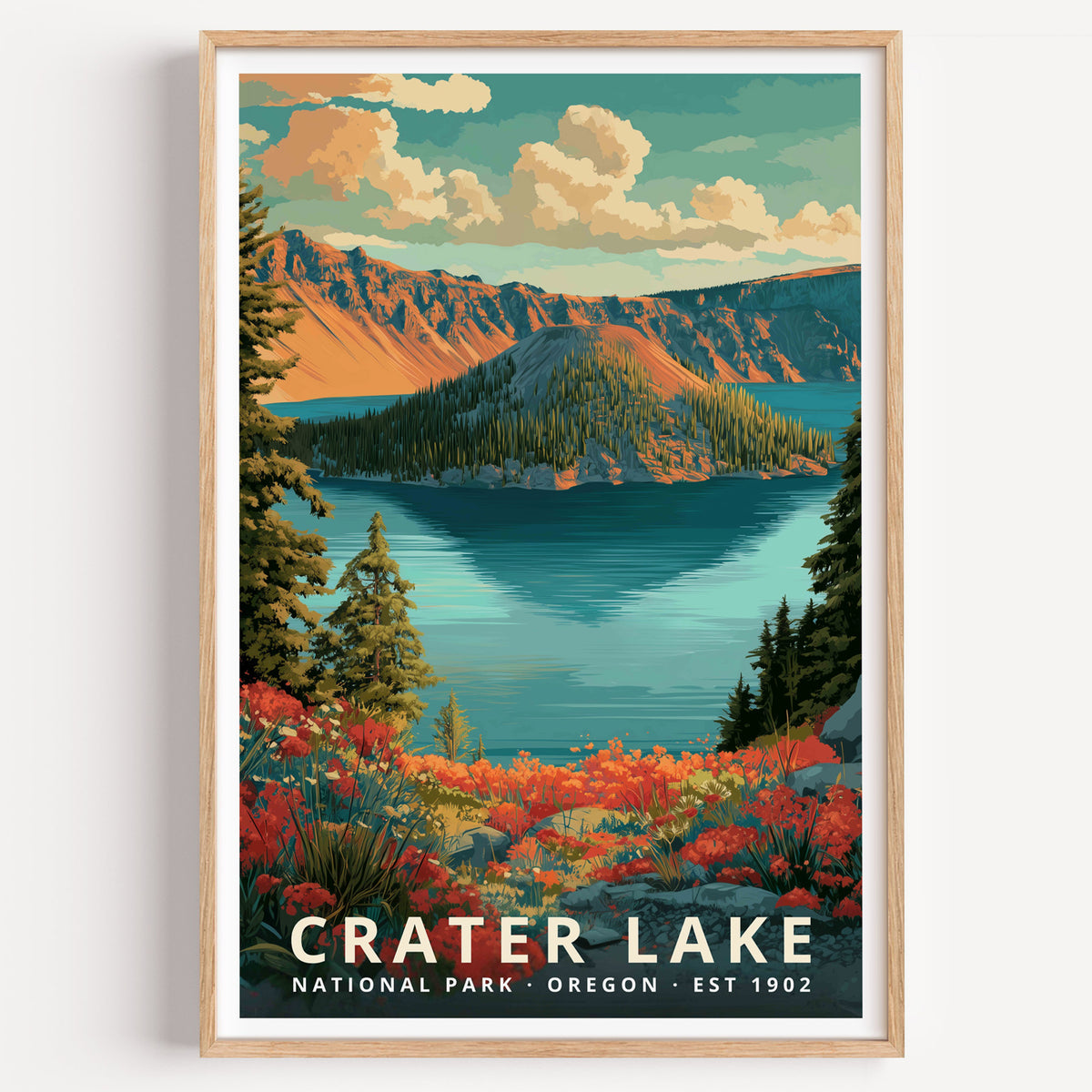 Crater Lake National Park retro travel poster — Wizard Island in the deep blue caldera lake ringed by cliffs, Oregon