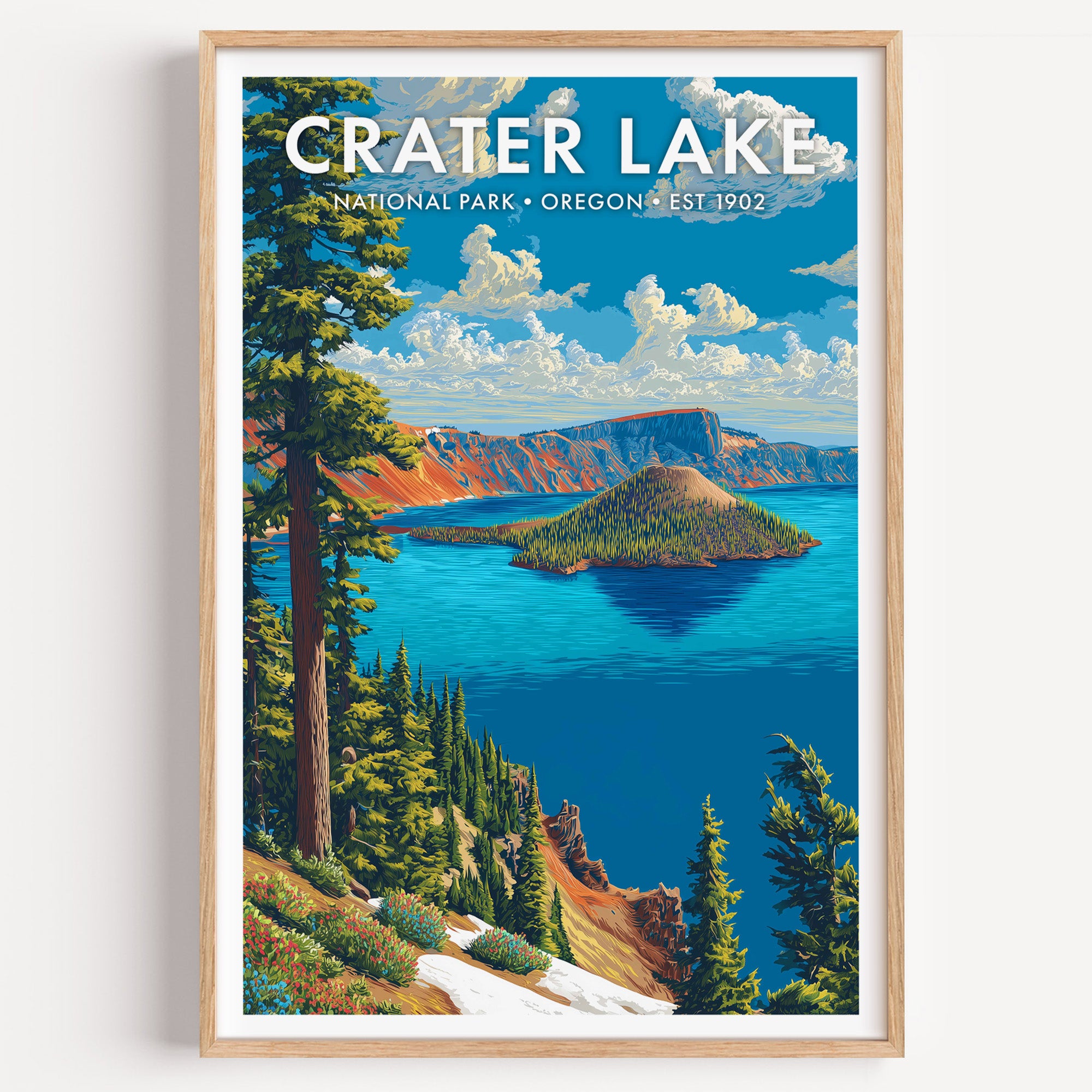 Crater Lake National Park mid-century modern art print — the impossibly blue caldera with Wizard Island set in the middle