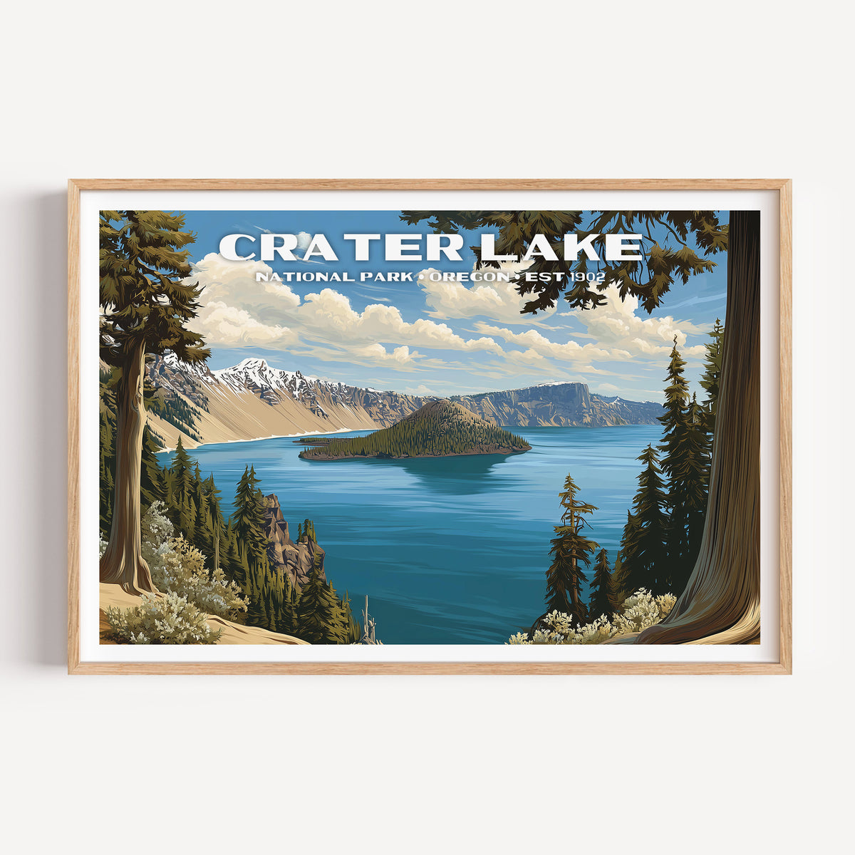 Wizard Island in the deep blue caldera of Crater Lake framed by conifer trunks — Crater Lake National Park vintage WPA travel poster print