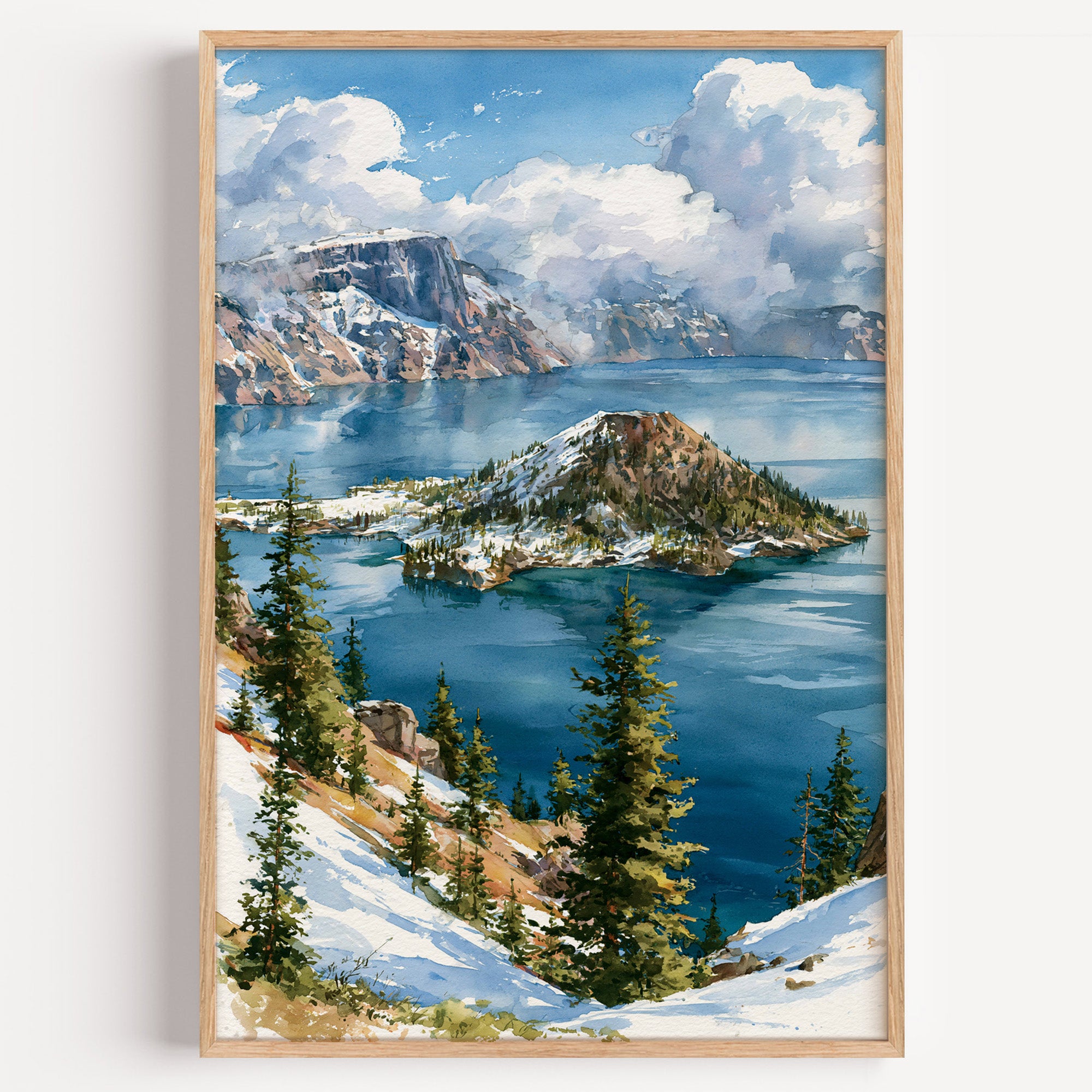 Crater Lake National Park watercolor art print: Wizard Island in the deep blue caldera below snowy rim cliffs