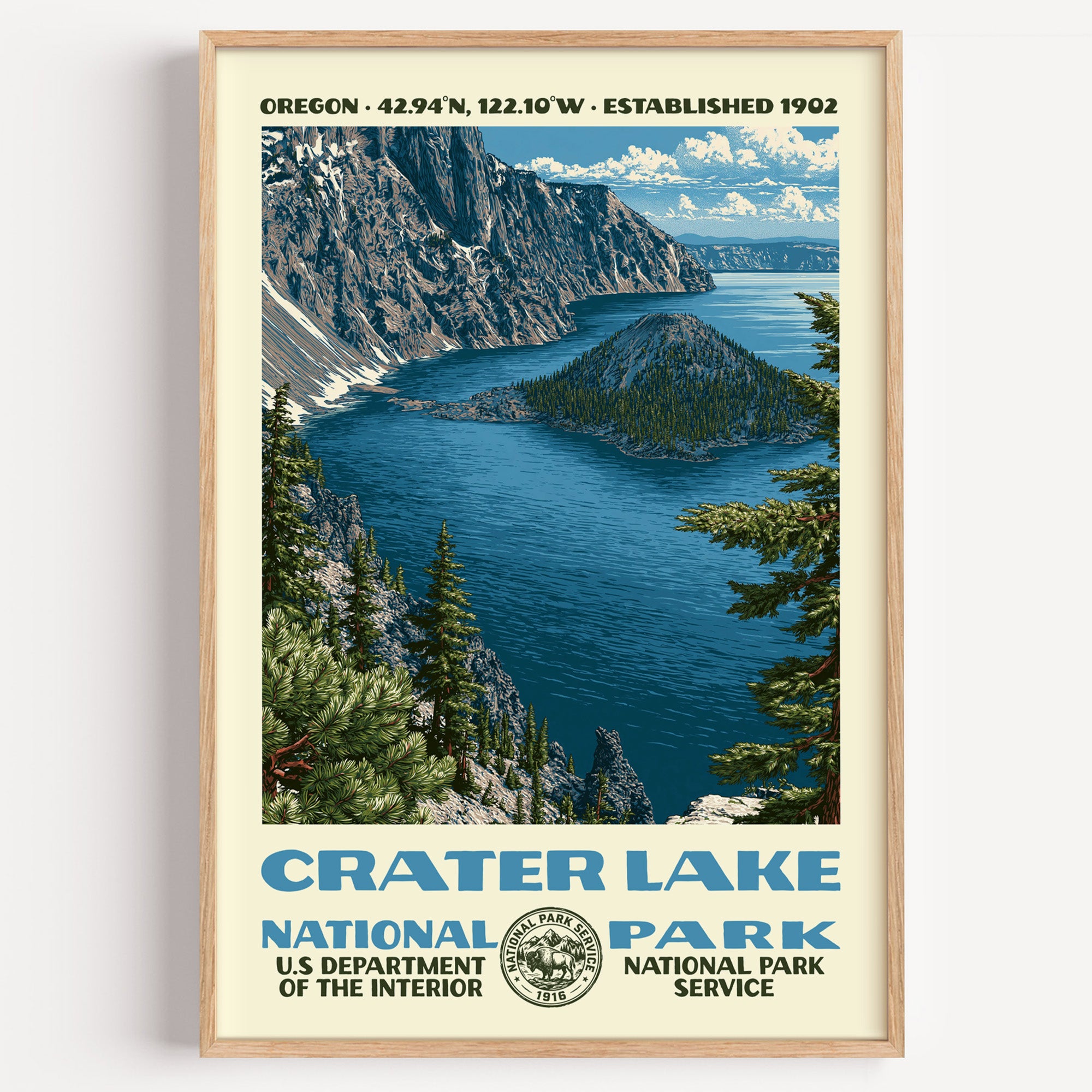 Crater Lake National Park vintage WPA poster in a wood frame, Wizard Island in the impossibly blue caldera lake