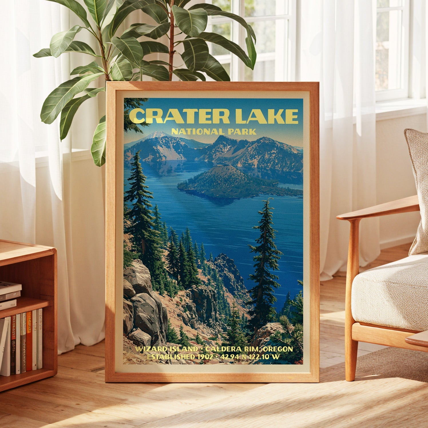 Crater Lake vintage poster in oak, leaning by a sunlit window with sheer curtains and a low bookshelf