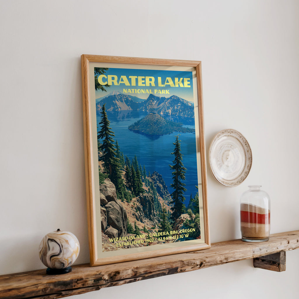 Crater Lake Wizard Island print in oak, leaning on a reclaimed wood ledge with a stone sphere and a sand jar