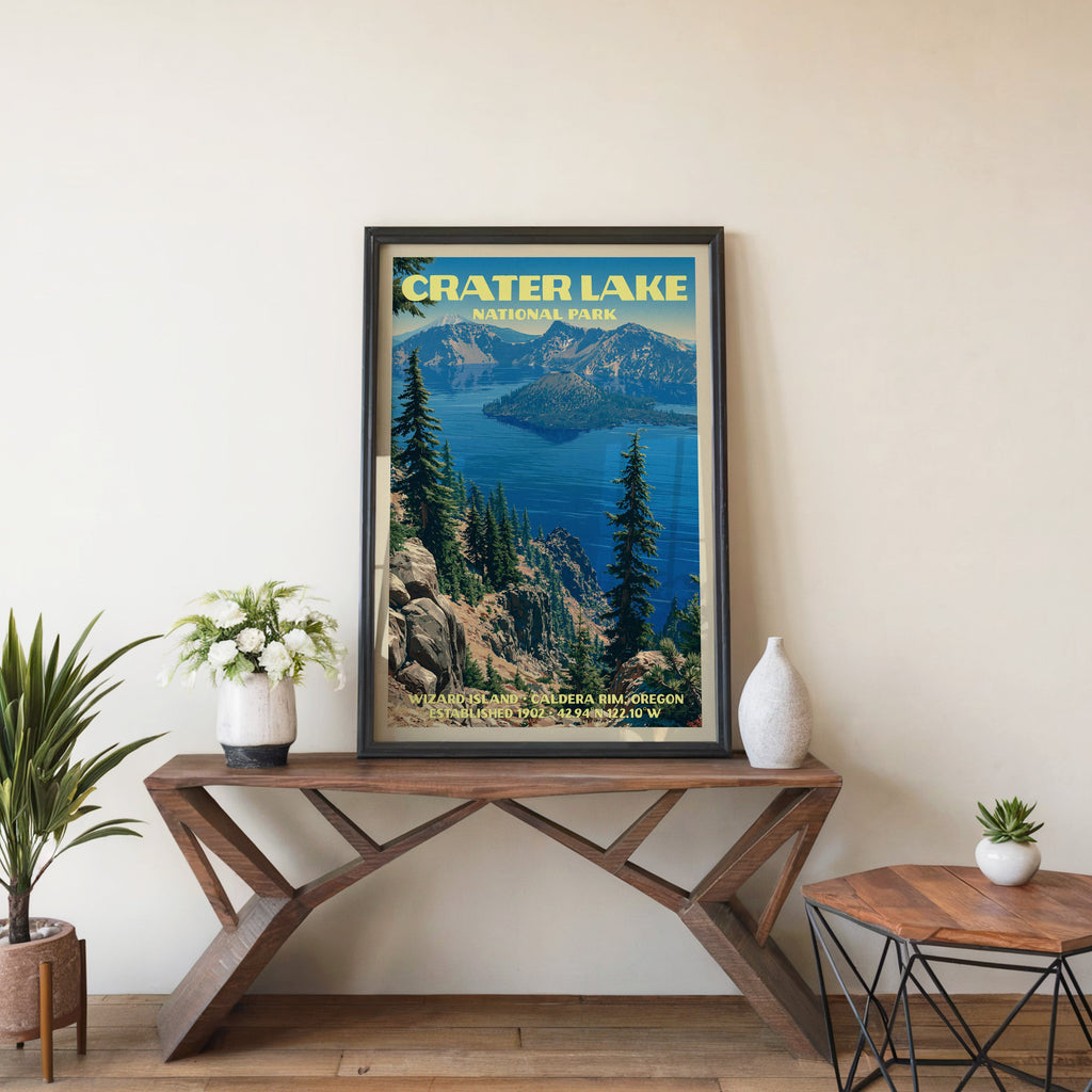 Crater Lake Wizard Island wall art in black, leaning on a walnut console with white anemones and a vase
